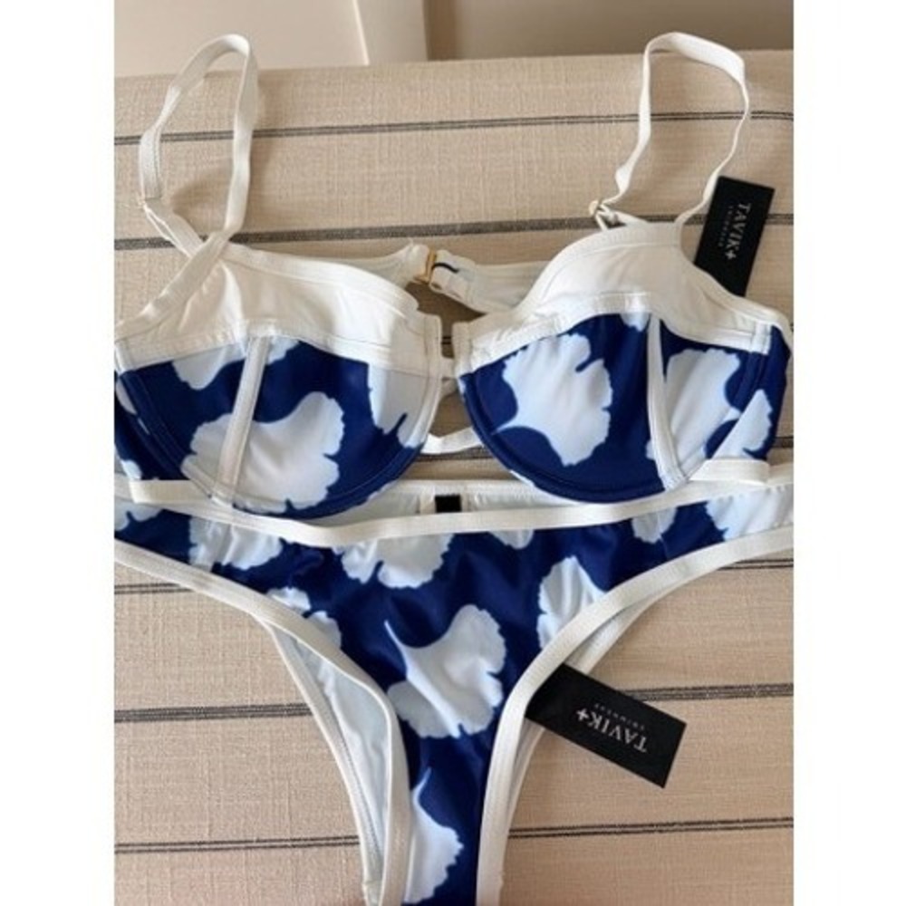 Tavik Swimwear Navy White Ginkgo Floral Underwire Bikini Set Strappy Back Large